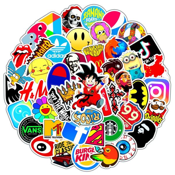 50pcs Collection of various brand logos  graffiti stickers decorative suitcase notebook waterproof detachable stickers