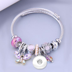 Stainless Steel Wire Bracelet Crystal Butterfly Tassel Beaded Bracelet Opening Adjustable Bracelet fit 20MM chunks snaps jewelry
