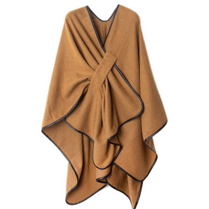 Fashionable Acrylic Ladies Shawl with Buckle and Leather Edge Solid Color Camel Split Shawl 150x130cm