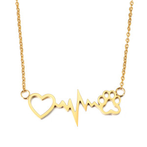 Valentine's Day Gift Stainless steel electrocardiogram dog paw print love necklace heartbeat short clavicle chain
