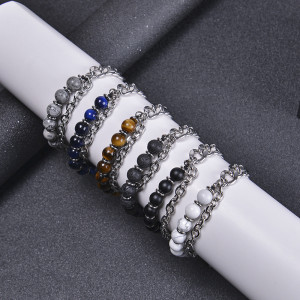 Stainless Steel Bracelet Double Tiger Eye Stone Bracelet Natural Stone Beaded Chain Bracelet