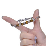 Stainless Steel Bracelet Double Tiger Eye Stone Bracelet Natural Stone Beaded Chain Bracelet