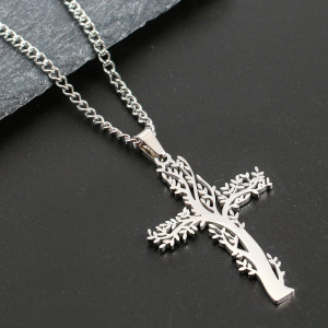 Stainless Steel Tree of Life Jesus Cross Pendant Necklace