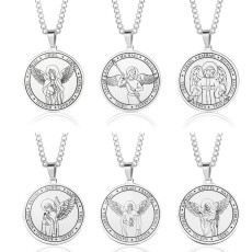 Stainless Steel Seven Angels Pendant Religious Necklace Round Brand Angel Wing Medal Necklace