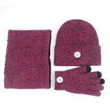 Plush three-piece warm suit winter hat scarf touch screen gloves fit 18mm snap button jewelry