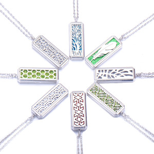 Openwork Square Essential Oil Necklace Aromatherapy Open Magnetic Silver Stainless Steel Pendant Necklace