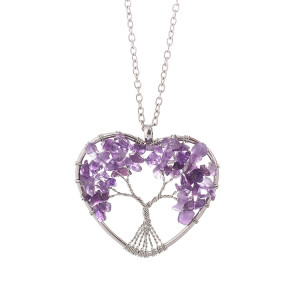 love Natural Crushed Stone Crystal Tree of Life Colorful Natural Stone Heart-Shaped Root Necklace
