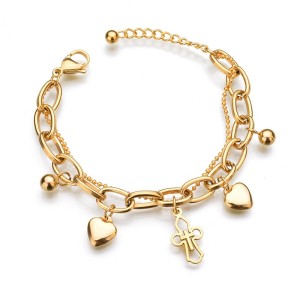 Stainless Steel Heart Pendant Round Gold Bracelet cross love