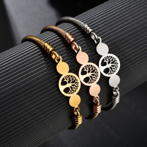 Hollow Tree of Life Bracelet Wire Round Plate Open Stainless Steel Bracelet