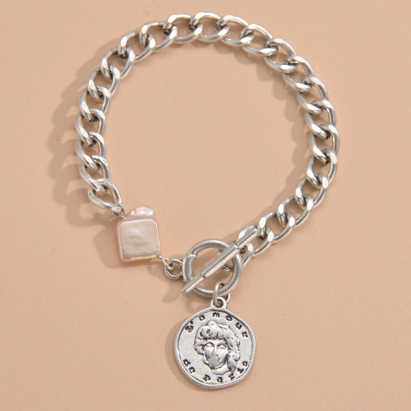 Irregular Pearl Alphabet Round Card Pendant OT Buckle Bracelet Women's Stainless Steel Jewelry