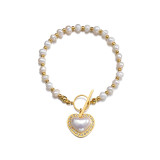 Stainless Steel Pearl Bead Chain Love Diamond Pendant OT Buckle Bracelet Women