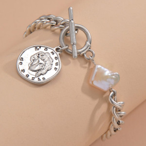 Irregular Pearl Alphabet Round Card Pendant OT Buckle Bracelet Women's Stainless Steel Jewelry