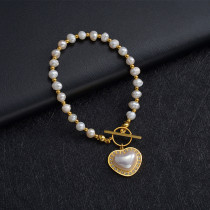 Stainless Steel Pearl Bead Chain Love Diamond Pendant OT Buckle Bracelet Women