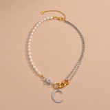 Moon Pearl Diamond Chain Letter Pendant Stainless Steel Necklace