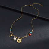 Gold turquoise hollow devil's eye stitching chain necklace women's stainless steel