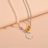 Moon Pearl Diamond Chain Letter Pendant Stainless Steel Necklace