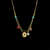 Gold turquoise hollow devil's eye stitching chain necklace women's stainless steel