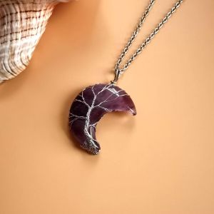 Winding Moon Natural Stone Amethyst Tree of Life Necklace
