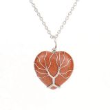 love Silver Hand-Wound Peach Heart Natural Stone Heart-Shaped Rose Quartz Tree of Life Necklace