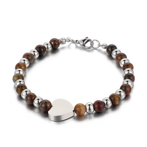 Tiger Eye Heart Stainless Steel Beaded Bracelet love