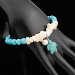 Natural Shell Turquoise Beaded Turtle Pearl Pendant Stainless Steel Adjustable Bracelet