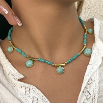 Turquoise Necklace Women Fashion Metal Tube Rice Beads Beaded Clavicle Necklace
