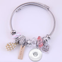 Stainless Steel Wire Pearl Bracelet Hand Beaded Crystal Full Diamond Love Adjustable Size fit 20MM chunks snaps jewelry