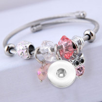 Stainless Steel Crystal Bracelet Beaded Owl Pendant Open Bracelet fit 20MM chunks snaps jewelry