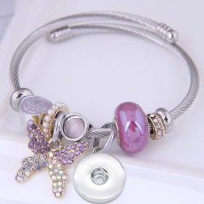 Stainless Steel Wire Bracelet Crystal Butterfly Pearl Tassel Beaded Bracelet Opening Adjustable Bracelet fit 20MM chunks snaps jewelry
