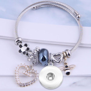Stainless Steel Adjustable Bee Heart Pearl Bracelet fit 20MM chunks snaps jewelry