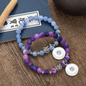 Purple Striped Onyx Bracelet Owl Couple Beaded Natural Stone Jewelry fit18&20MM  snaps jewelry