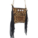 Large-capacity leopard-print one-shoulder tassel clutch bag messenger bag fit 18mm snap button jewelry