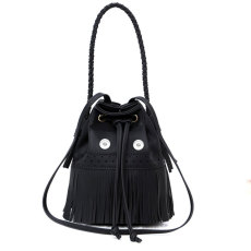 Small Bucket Bag Ladies Handbag Soft Leather Drawstring Lace Tassel Handmade One Shoulder Messenger Bag fit 18mm snap button jewelry