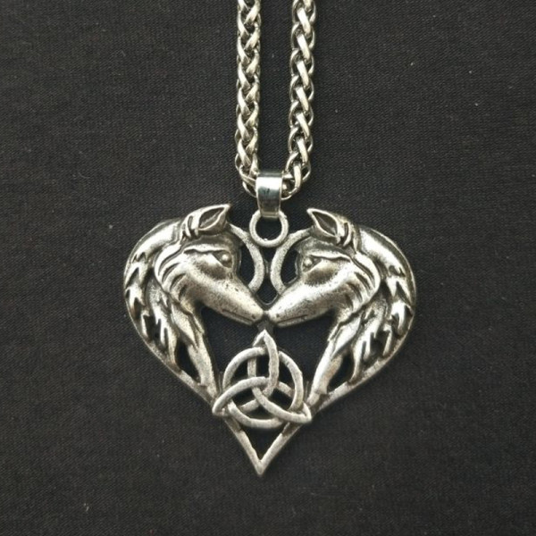 60cm Heart Couple Love Pendant Celtic Elf Wolf Necklace Wolf Couple Viking