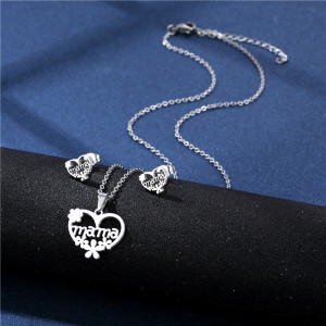 Stainless Steel Heart Mom Necklace Stud Earrings Set Mother's Day Gift 45CM