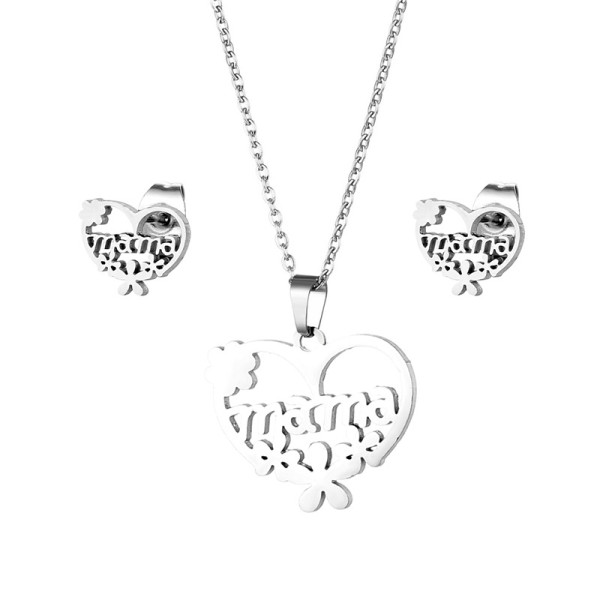 Stainless Steel Heart Mom Necklace Stud Earrings Set Mother's Day Gift 45CM