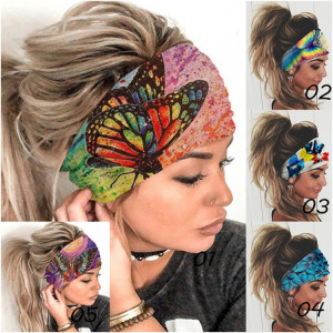 Spring and summer anti-leash cotton headband butterfly digital printing headscarf yoga sports elastic headband