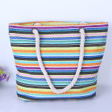 Three-color striped hemp rope handle canvas women's casual bag