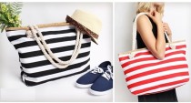 Canvas Tote Striped Shopping Bag Eco Bag Straw Beach Bag