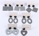 Black and White Checkerboard Acrylic Square Heart Earrings
