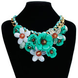 Colorful Flower Jewel Pendant Rope Braided Necklace