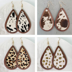 Leopard-print horsehair leather earrings Bohemian cow-print water drop wood earrings