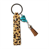 Leather horsehair leopard print cow zebra print turquoise fringed leather keychain