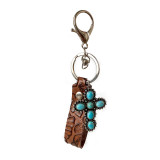 Embossed Leather Keychain Western Style Turquoise Pumpkin Flower Pendant Textured Leather Keychain
