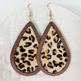 Leopard-print horsehair leather earrings Bohemian cow-print water drop wood earrings