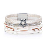 Multilayer Leather Wide Bracelet Magnetic Buckle Openworked Pentagram Pearl Bracelet