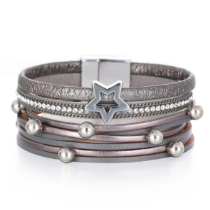 Multilayer Leather Wide Bracelet Magnetic Buckle Openworked Pentagram Pearl Bracelet