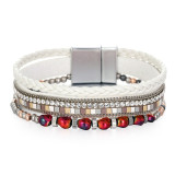 Beaded Crystal Leather Magnetic Bracelet Multi-layer Braided Colorblock Diamonds