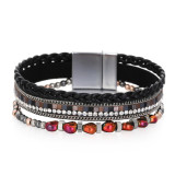 Beaded Crystal Leather Magnetic Bracelet Multi-layer Braided Colorblock Diamonds