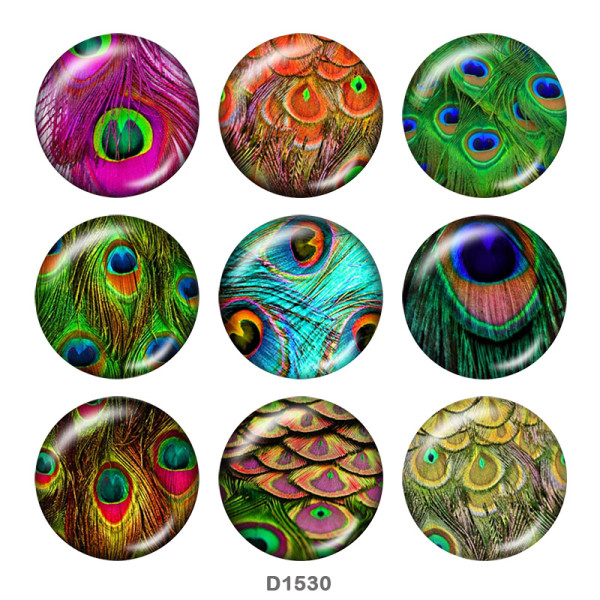 Painted metal 20mm snap buttons  Peacock feather Print